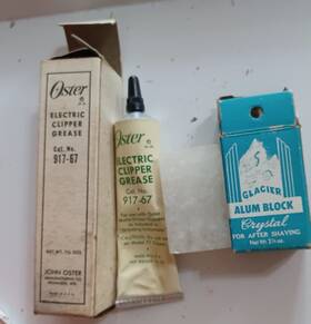 Oster 917-67 Vintage Tube Clippers Grease With Box And Alum Block Shaving Crystal