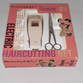 Raycine 254-03 Electric Haircutting Kit 8 Piece Beige Scissors Combs Storage Case
