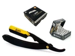 Matte Black Golden Head Folding Straight Razor + 100 Derby Premium Blades Cs. Fixed Price $12.45.