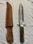 Bowie Knife Solingen Germany Stag Handle Steel Clip Point Blade W/ Sheath. Fixed Price $90.00.