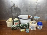 Vintage Barber Shaving Lot Barbicide Jar Mugs Brushes Palmolive Razor Blades. Fixed Price $65.74.