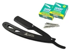 Classic Samurai Matte Black Folding Straight Razor + 200 Derby Single Blades. Fixed Price $19.99.