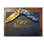 Masters Collection MC-A045 Blue Gold Dragon Folding Knife Stainless Steel Blade. Fixed Price $12.00.